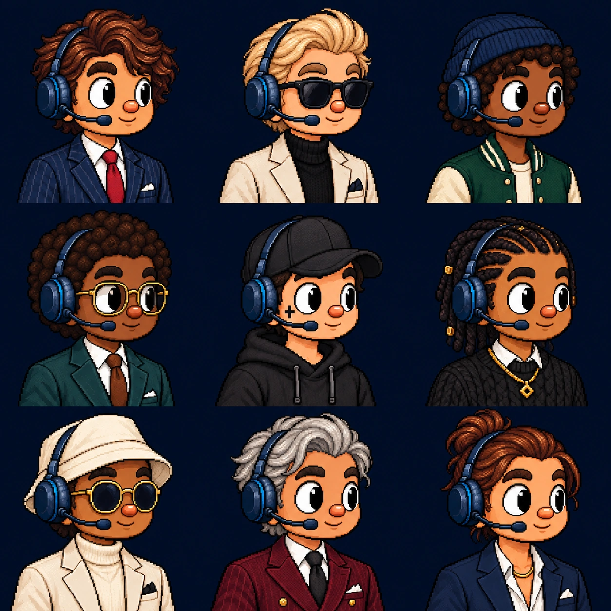 A 3 by 3 grid of varied pixel-art Broker portraits
