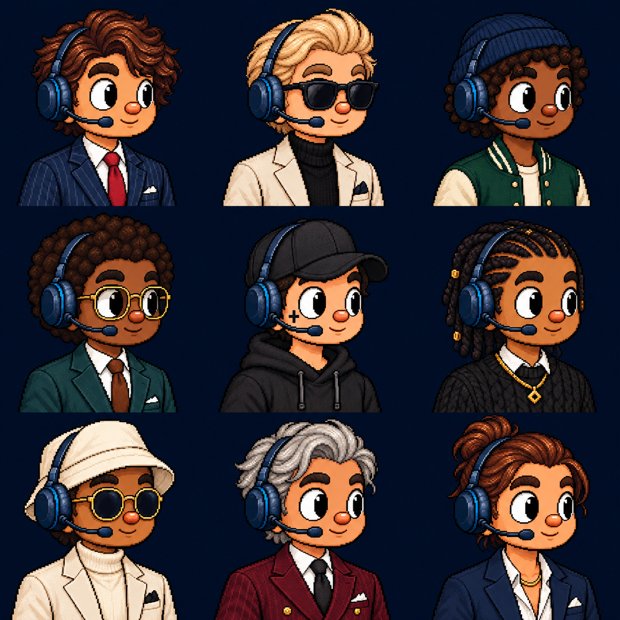 A 3 by 3 grid of varied pixel-art Broker portraits
