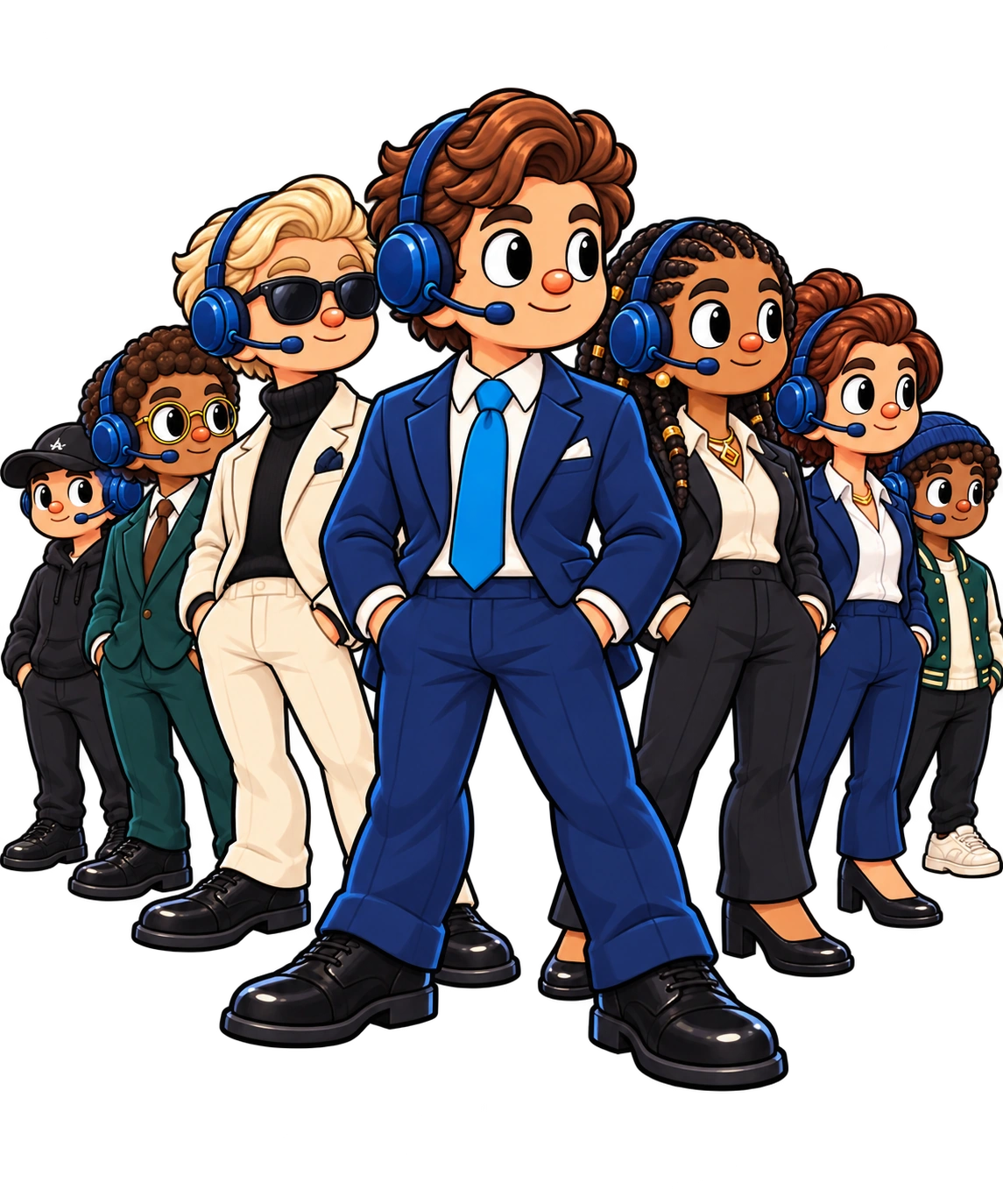 A group of independent SUI BROKERS gathered together on a deep navy field